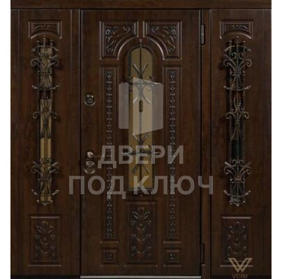 Входная стальная трехстворчатая витражная кованая дверь с остеклением ДПК-11942